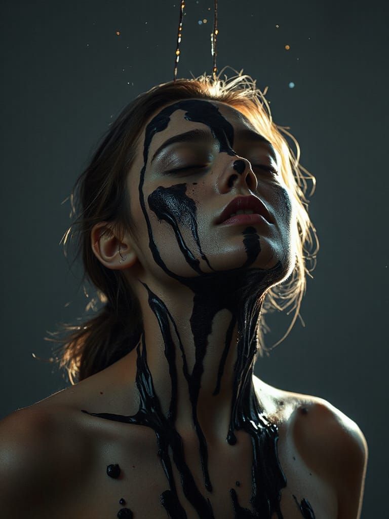 Dramatic Portrait of a Woman with Black Paint Dripping Down ...