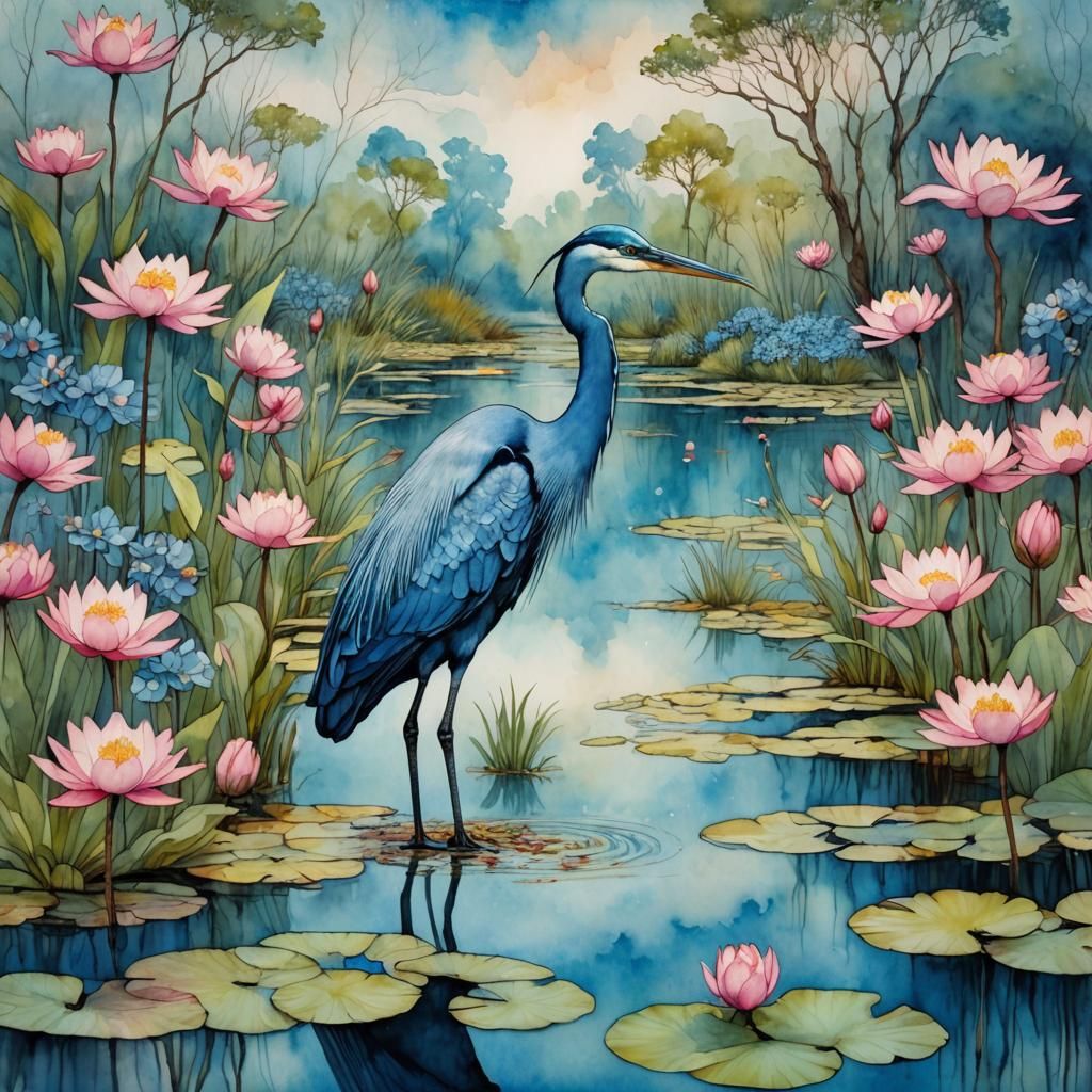 Great blue heron among water lillies