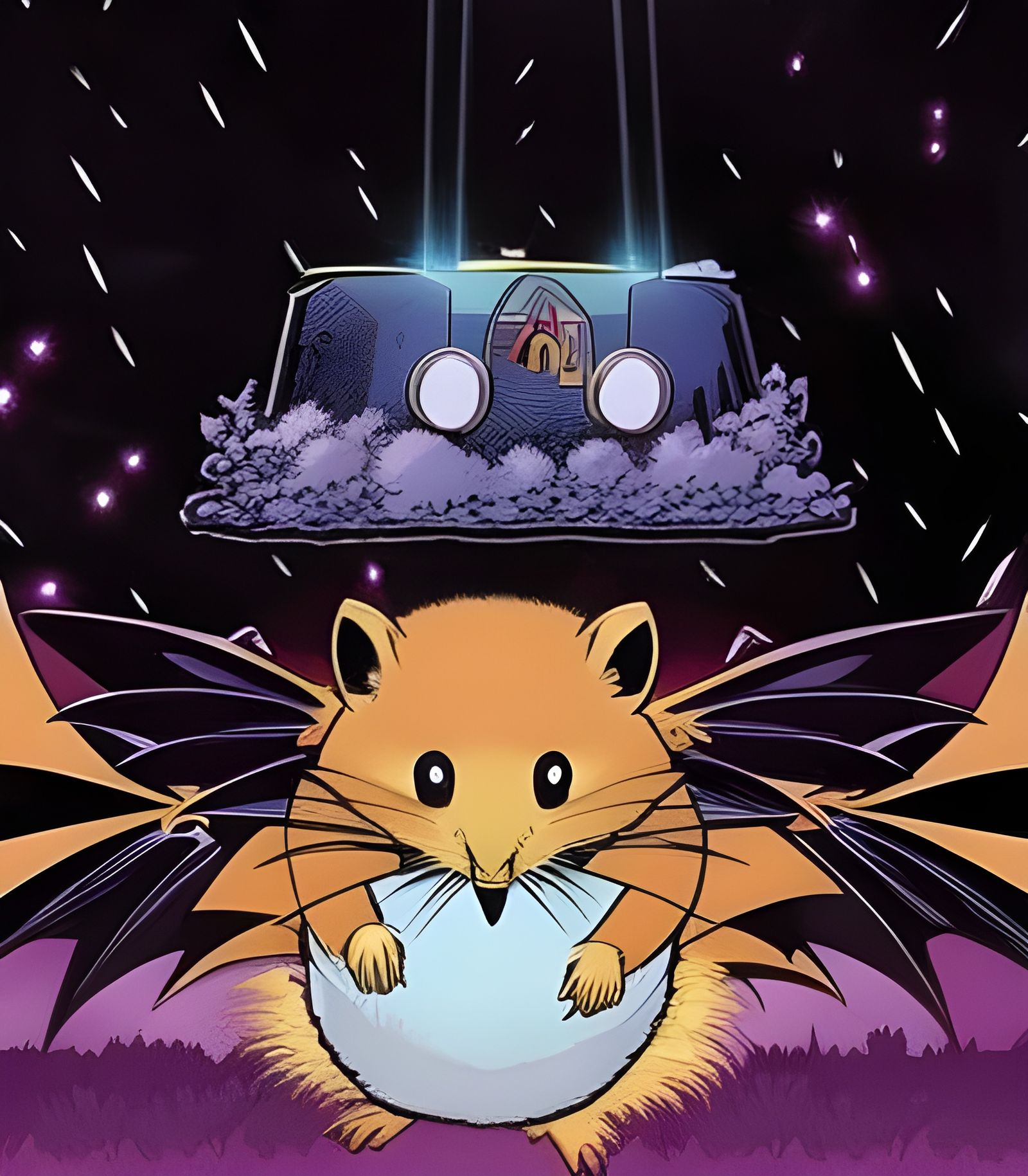 Hamster with bat wings shoots electricity in surreal forest ...