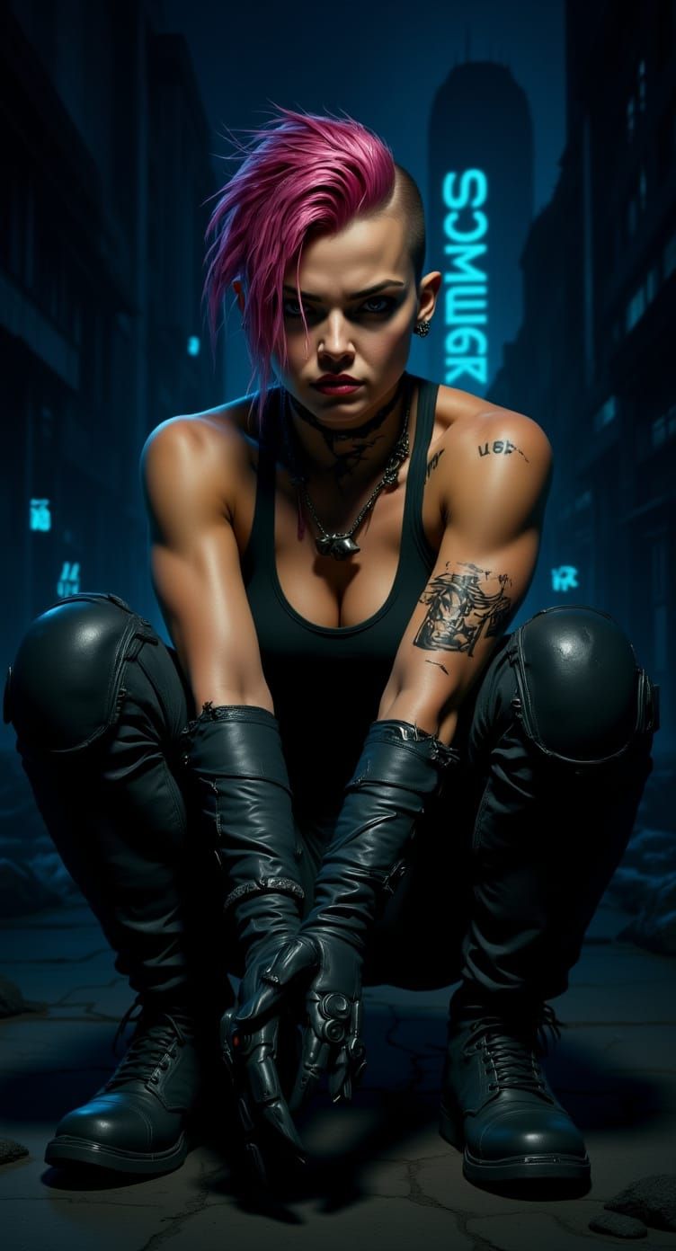Make a photorealistic picture of the shadowrun dwarf woman. make her a bit broader and more muscular. the background is a dark fututistic sk...