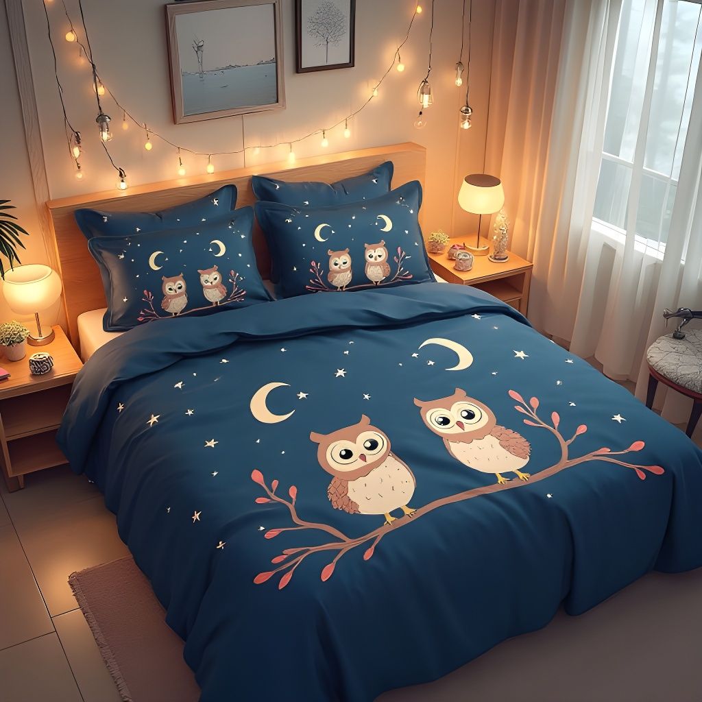 Crescent moon and stars with owls bedsheets🌙✨🦉🌃