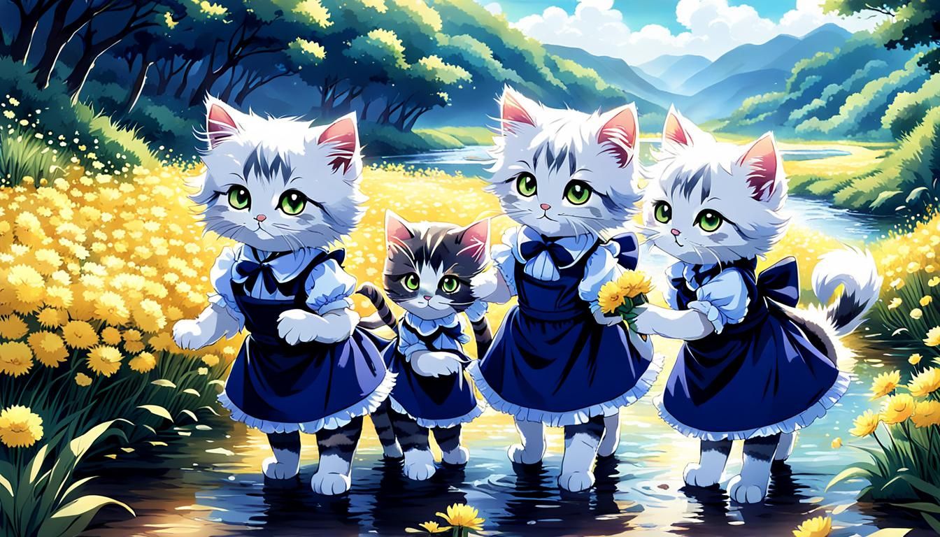 Kittens in maiden outfit picking flowers at a river filled with yellow daisy flower
