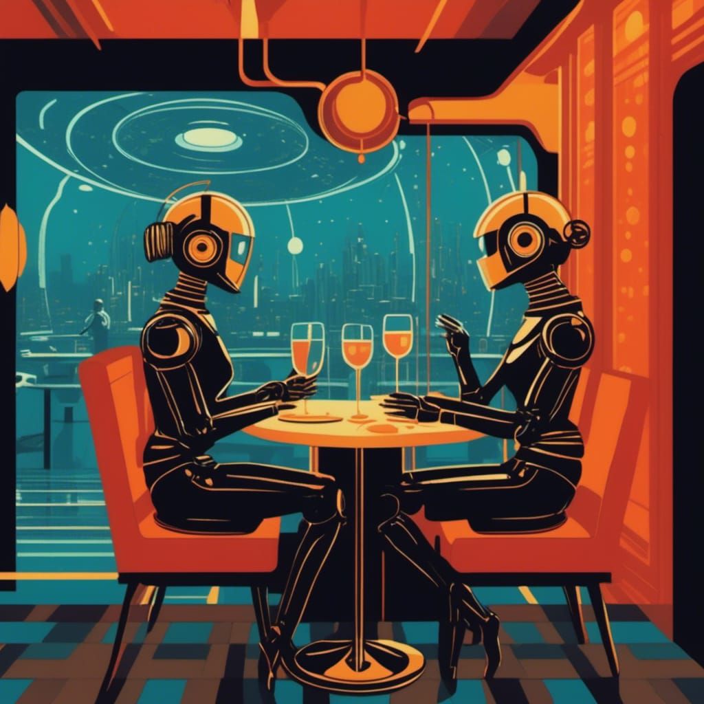 <lora:Retro Sci-Fi Utopia:0.7>
Two robots on a date in a fancy restaurant. Retrofuturistic liminal space type interior. Vintage style pop ar...