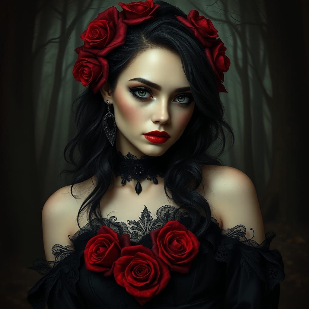 Femme gothique d’une élégance envoûtante, des roses rouge sang avec des pétales métalliques portant une robe couture déc...