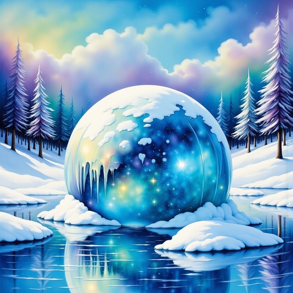 <lora:Moonshade flux:1.0> A majestic, translucent anthropomorphic snowball, its crystalline surface reflecting shades of vivid cerulean and...