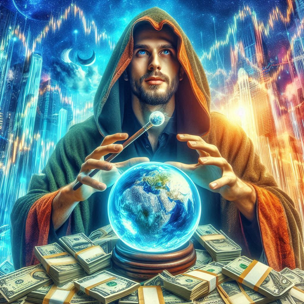 a warlock using his crystal ball bets on the stock market  by @gladiator