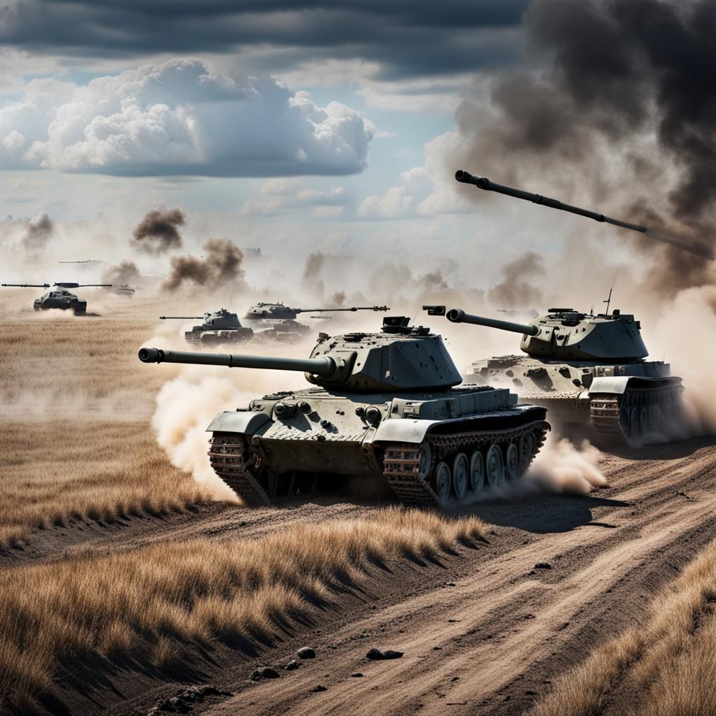 Tank battle Kursk Russian German tanks, barren battlefield, sharp image ...