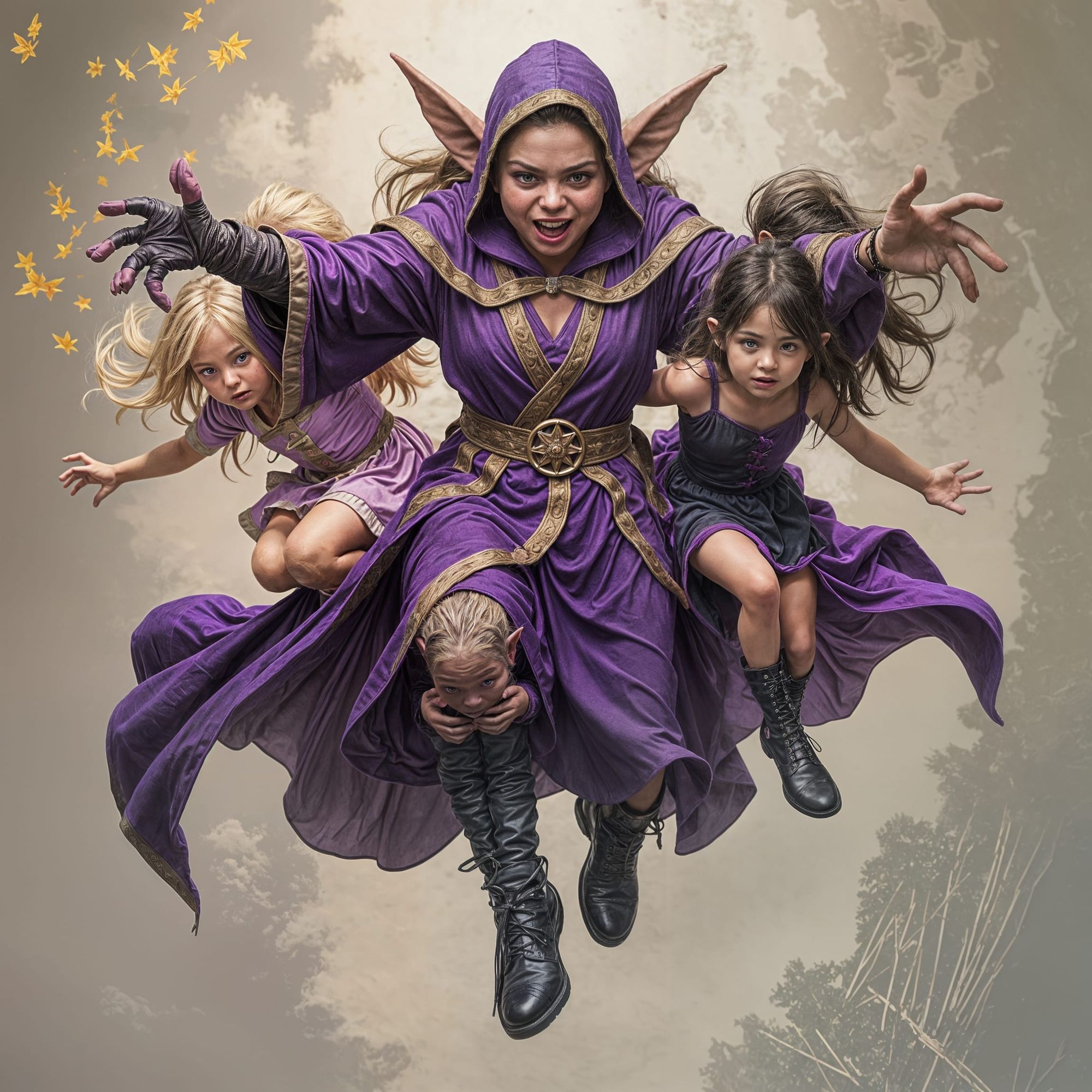 A realistic image with a goblin like creature wearing a purple robe and black boots it is flying through the air holding two little girls in...