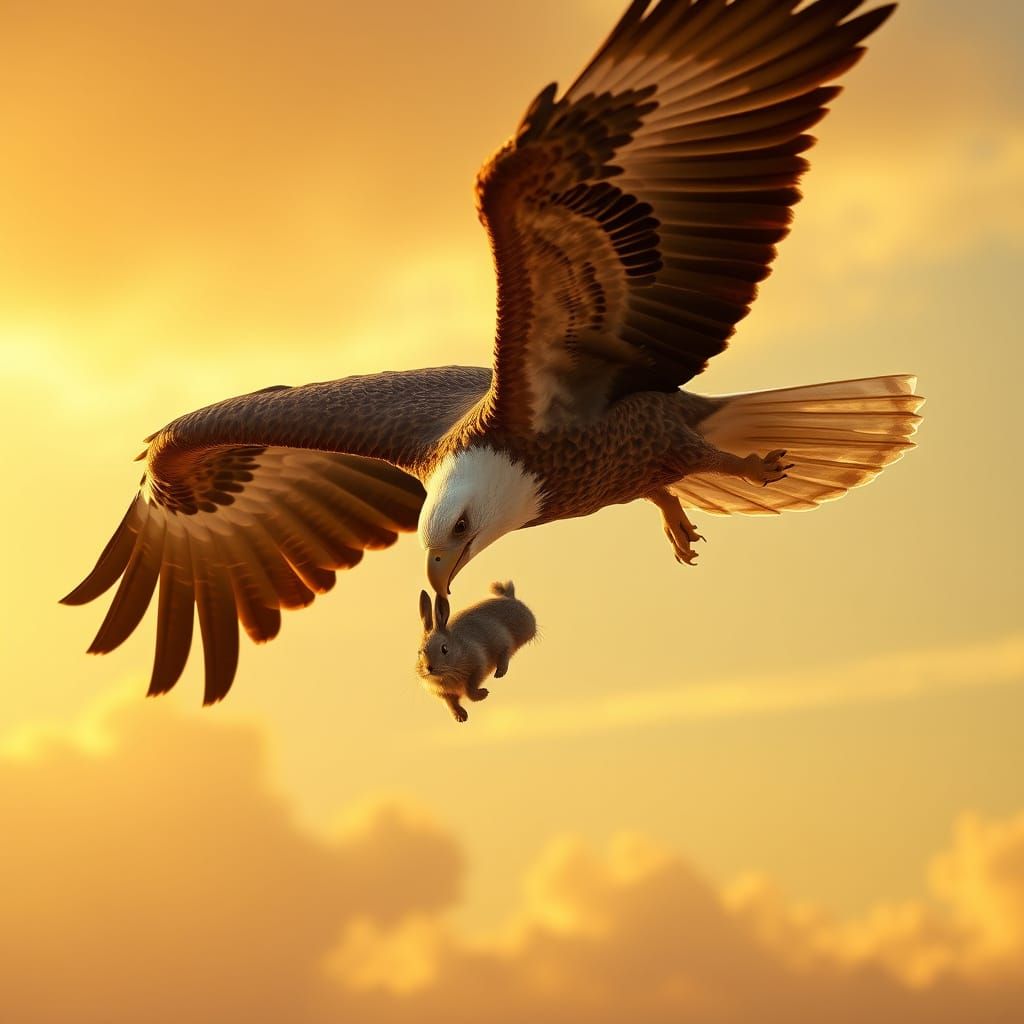 Eagle Carries Rabbit Companion Across Golden Sunset Sky