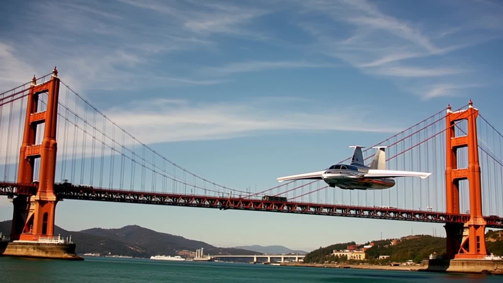 The Millennium Falcon flying by the Golden Gate Bridge