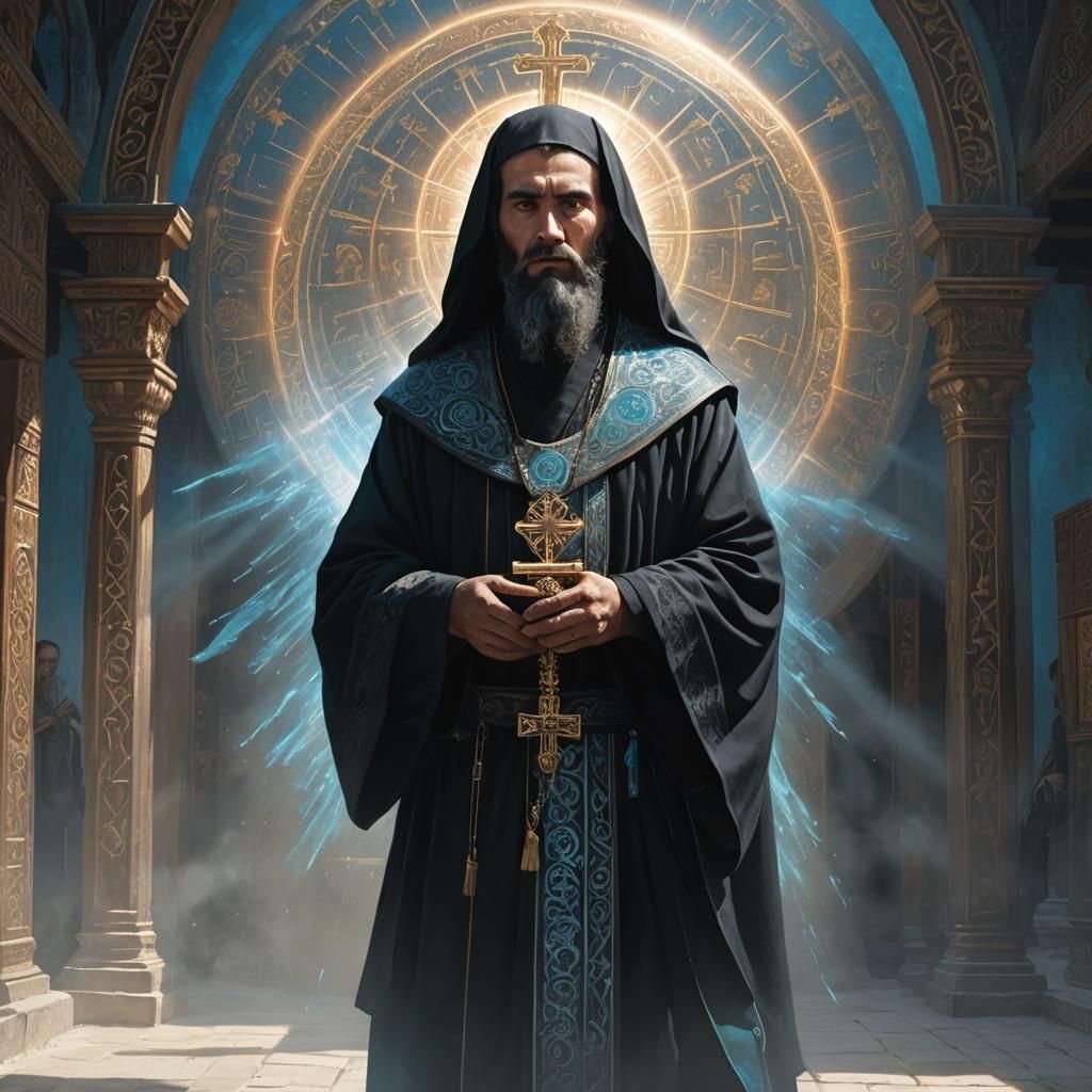 An Orthodox monk facing forward, wearing a black robe with s...