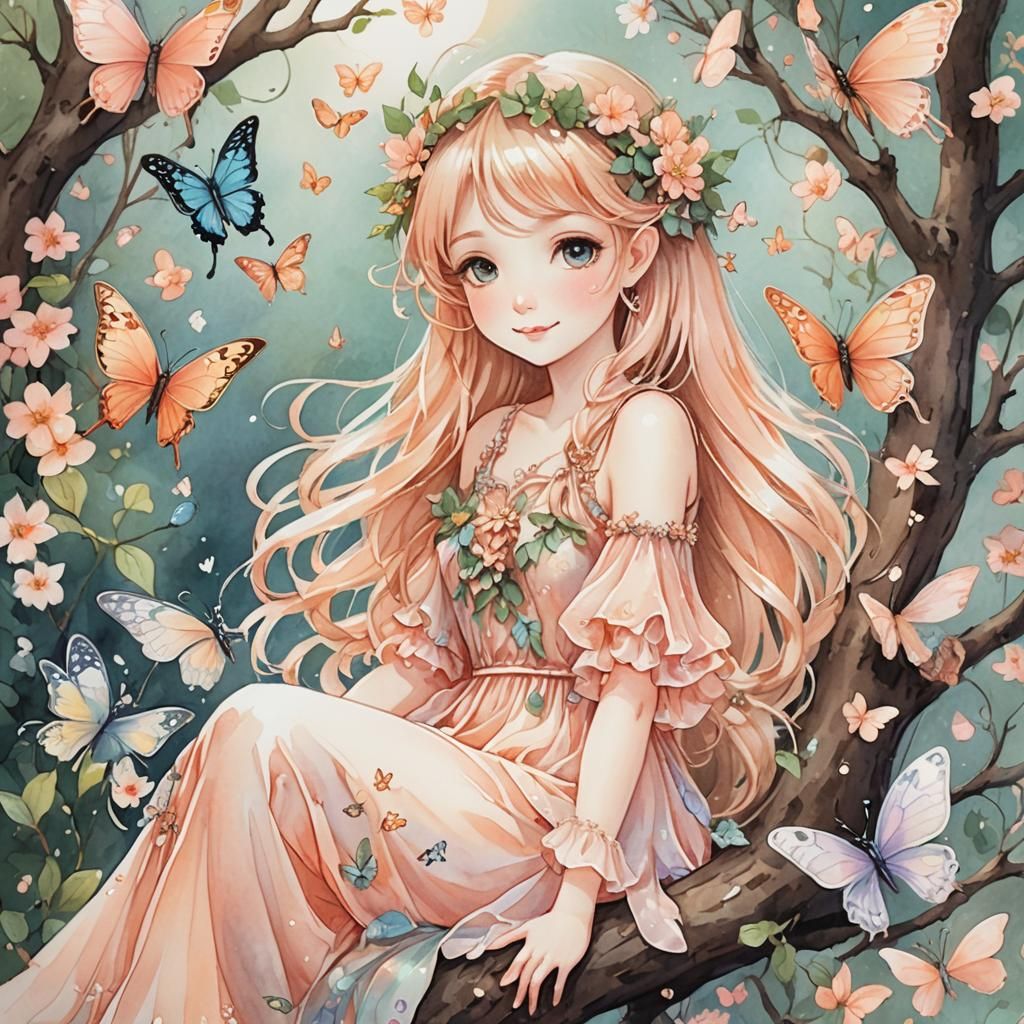 Fairy on Branch in Soft Pastel Watercolor