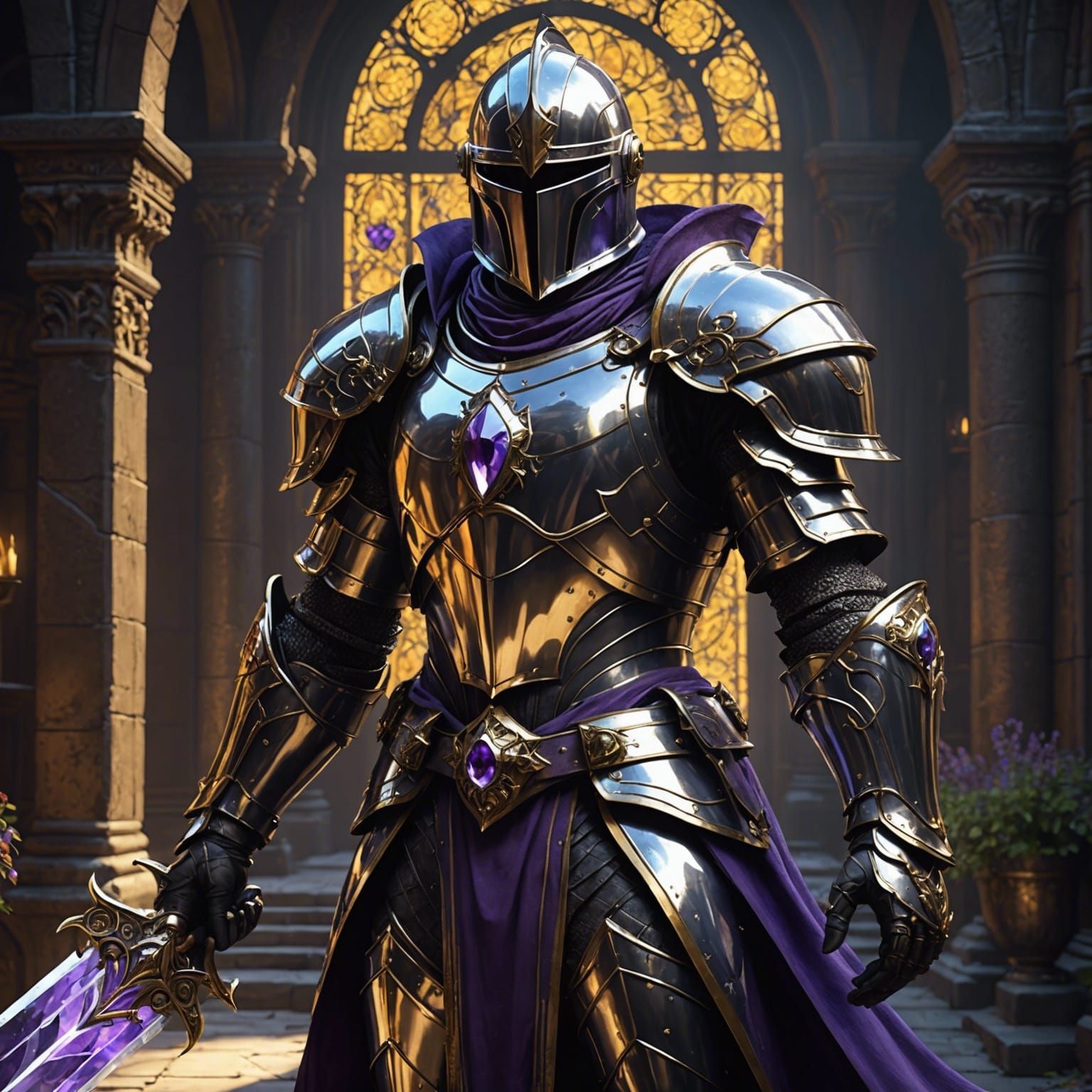80s dark fantasy movie style knight in shiny armour that hol...