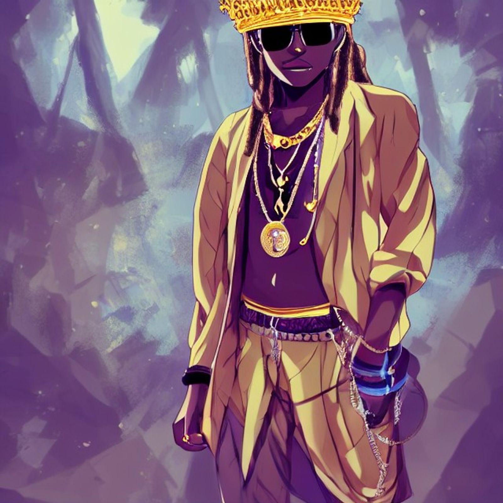 black anime character named young king wearing sunshades, a gold crown ...