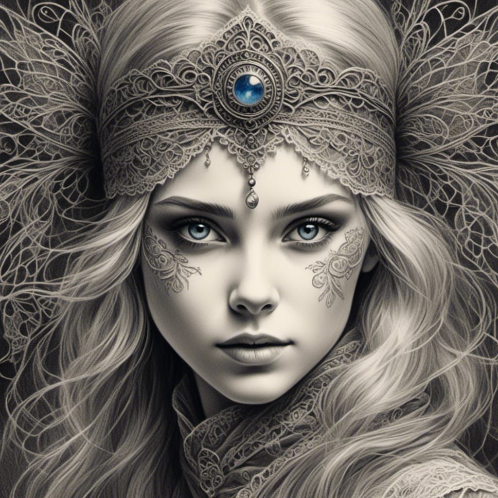 Detailed Pencil Portrait of Woman in Lace