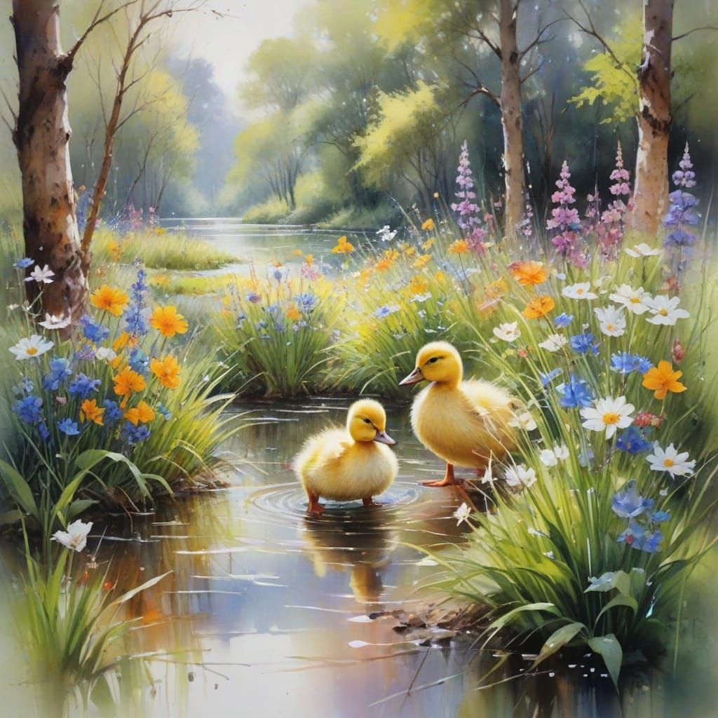Playful ducklings In a vibrant spring landscape  by @Zizzle