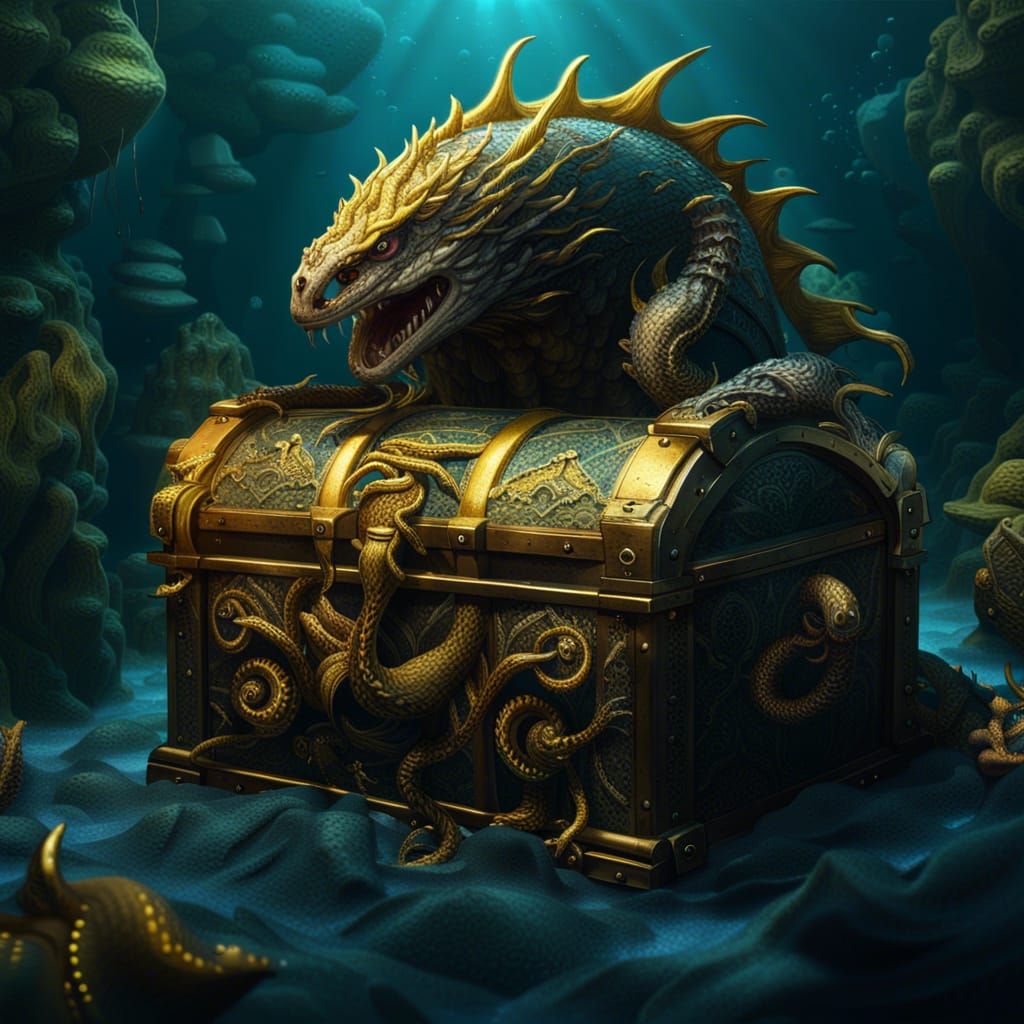 Sea monster guarding treasure, treasure chest, shiny gold, under water  by @Night3rd