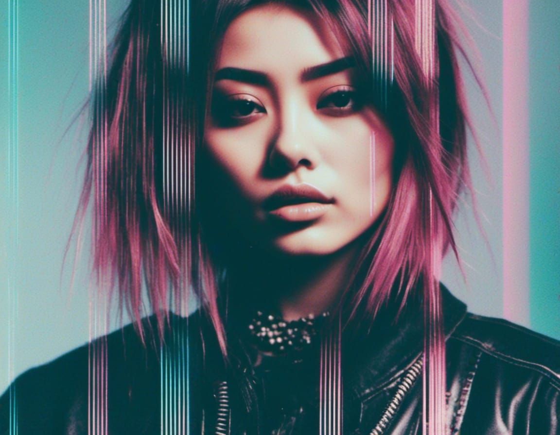 <lora:cortexfantasia:0.8>  <lora:ScratchAttitude:0.7> glitchy grainy portrait. Light bleed. Horizontal glitch polaroid lines, straight horiz...