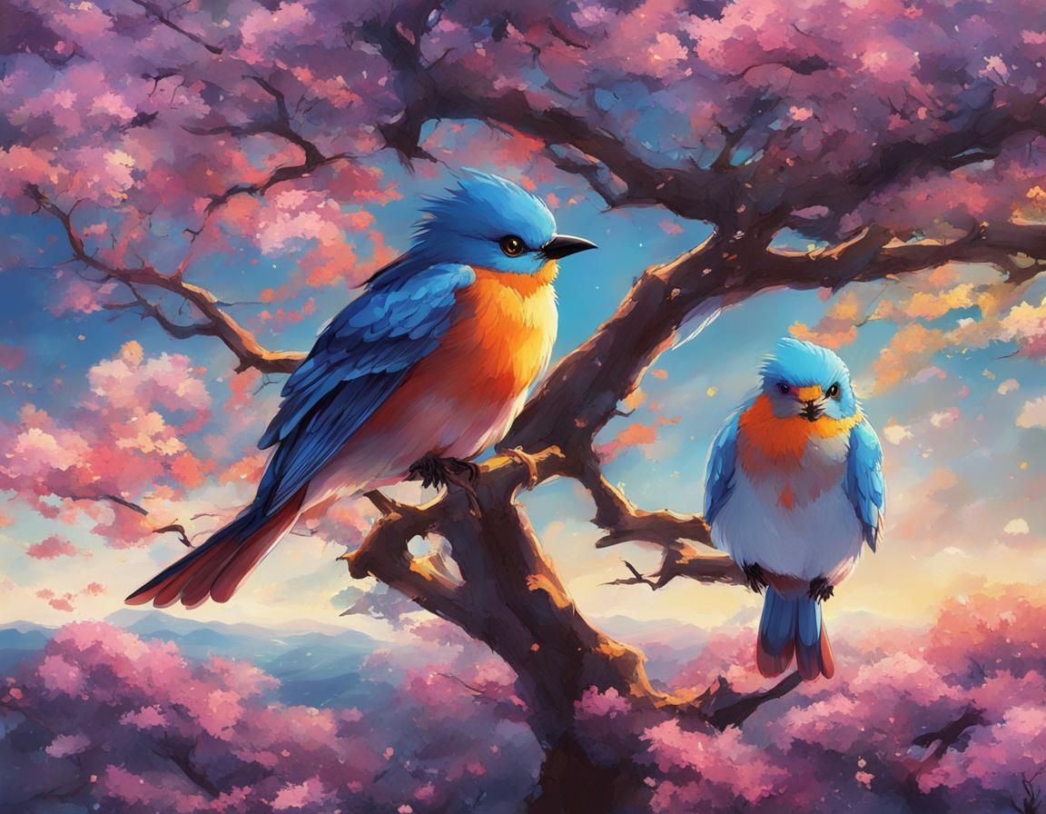An anime picture in the nature of birds, colors, trees and l...