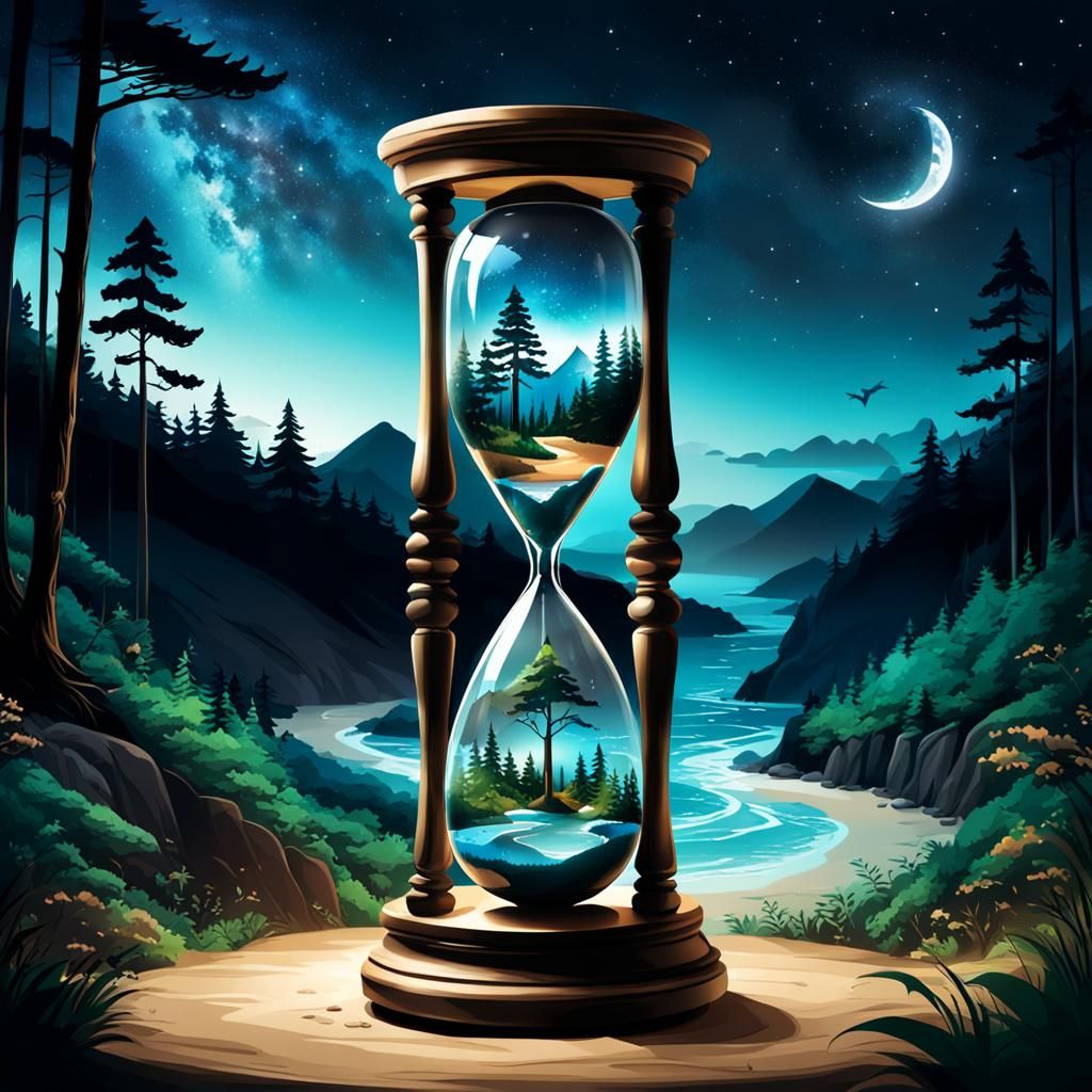 A Hourglass in the top part Night with a forest scenery and the bottom