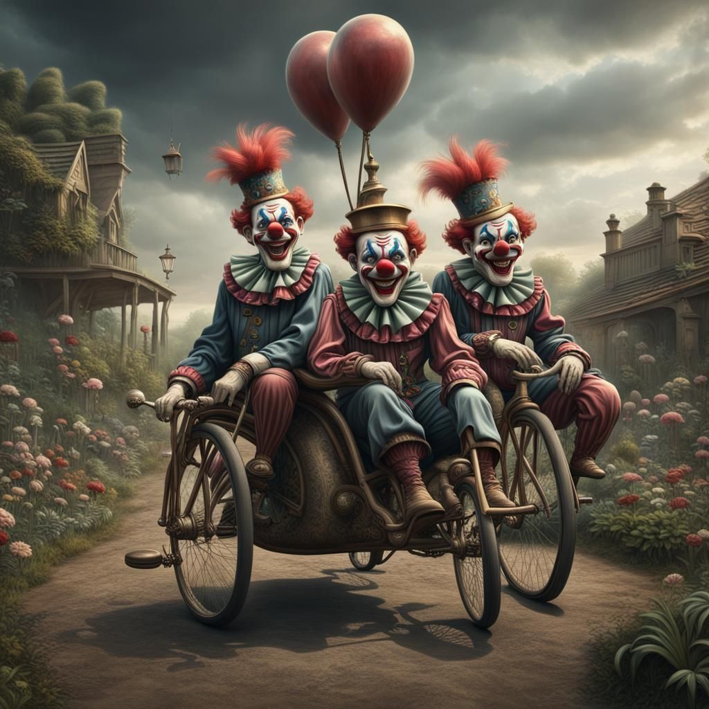 Three clowns riding a tricycle AI Generated Artwork NightCafe Creator