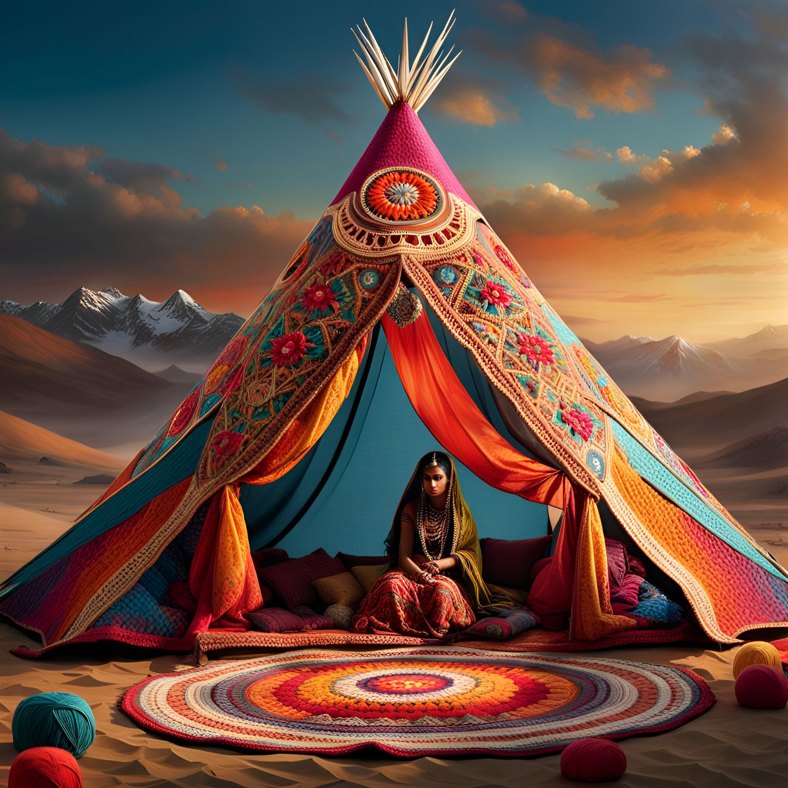 Colorful Tent and Carpet made from Crochet