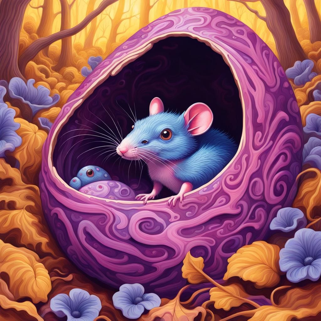 A blue and pink shrew hatching out of a egg in a purple lett...