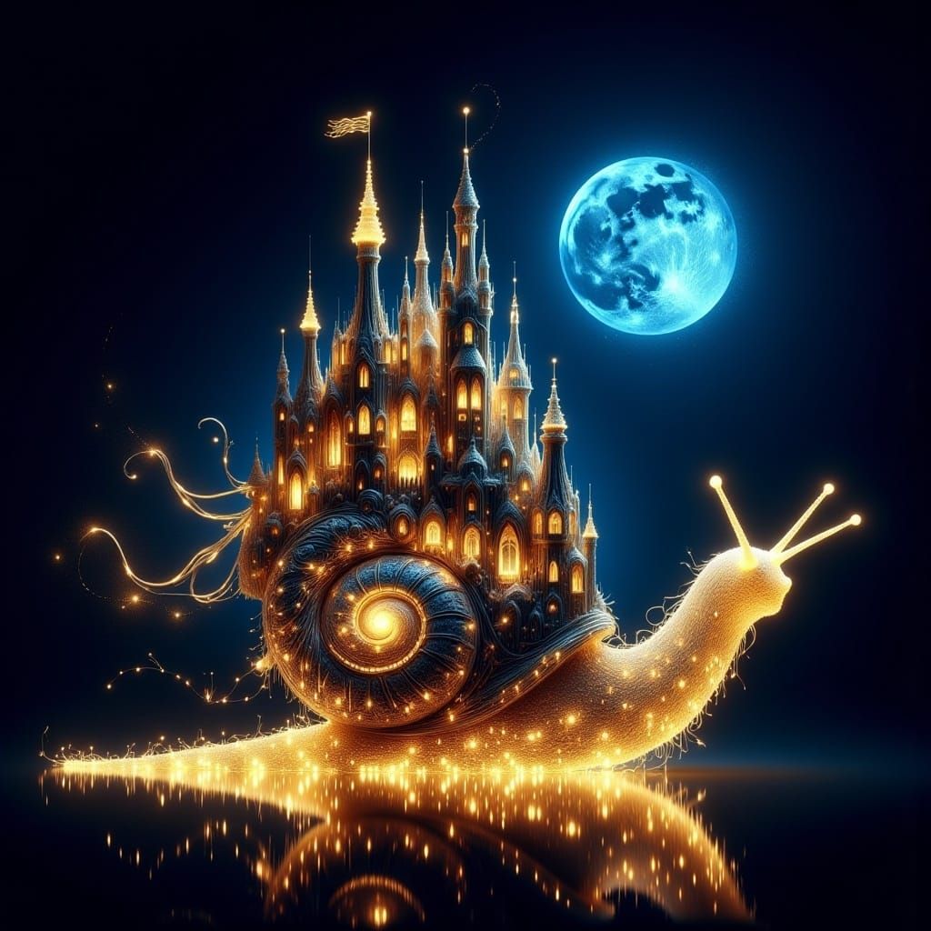 <lora:Fairy Lights:1.0> An ethereal, otherworldly snail, intricately formed from glistening strands of golden fairy lights, glides gracefull...