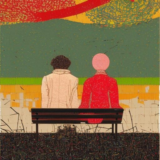 Friends Waiting on Bench in Textile Art Style
