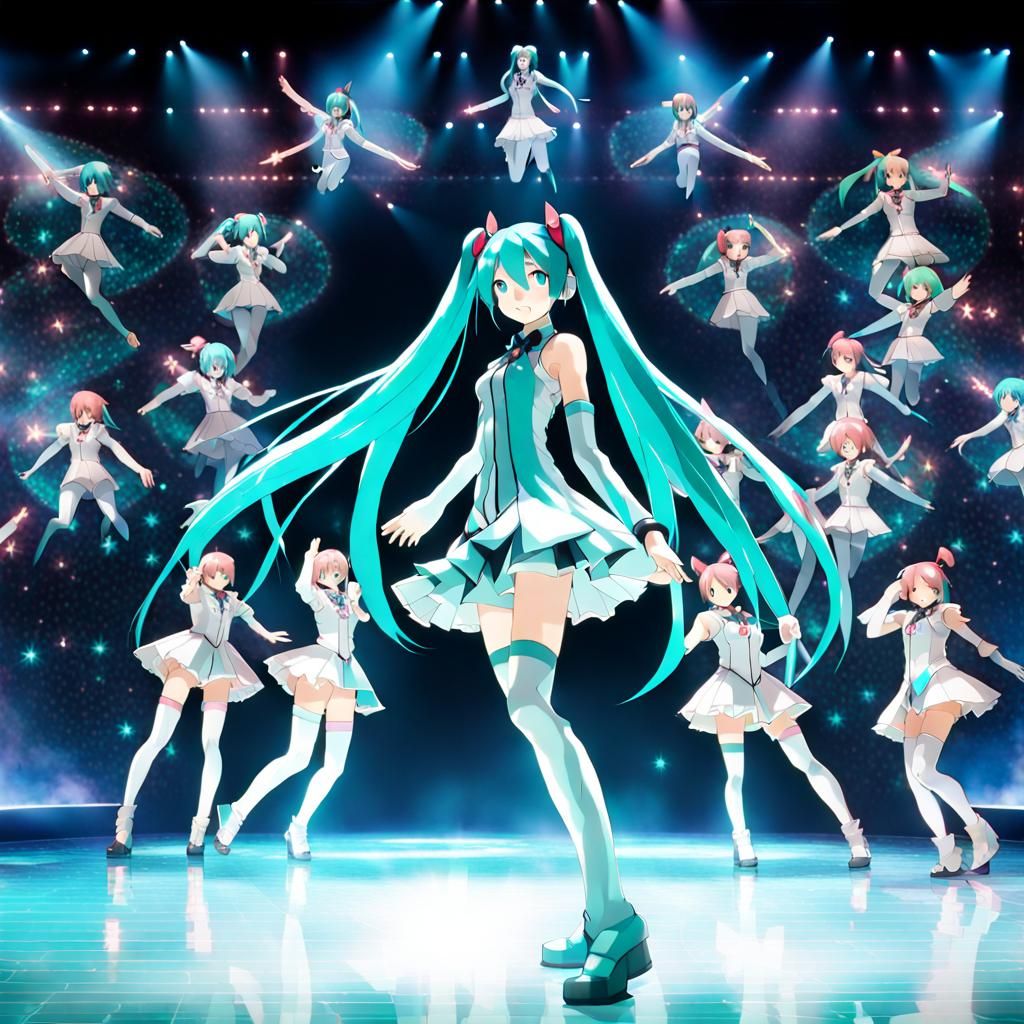 Hatsune Miku is a Japanese hologram star performing on stage with a