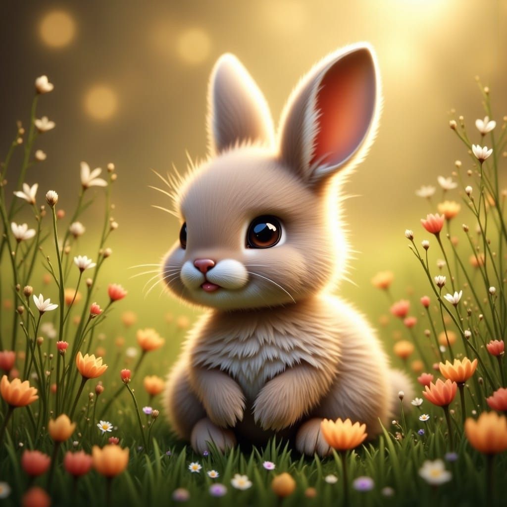 <lora:Flux Chibi:1.0> A cute bunny sitting on a morning meadow. Fluffy fur. The art style blends dark fantasy comic influences with painterl...