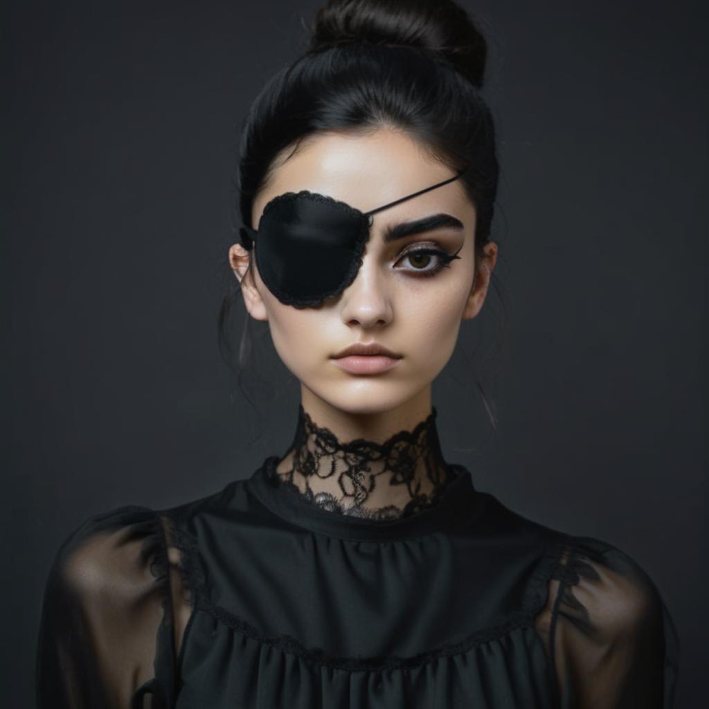 Fine art photo portrait of Portuguese girl wearing black eyepatch with lace edges