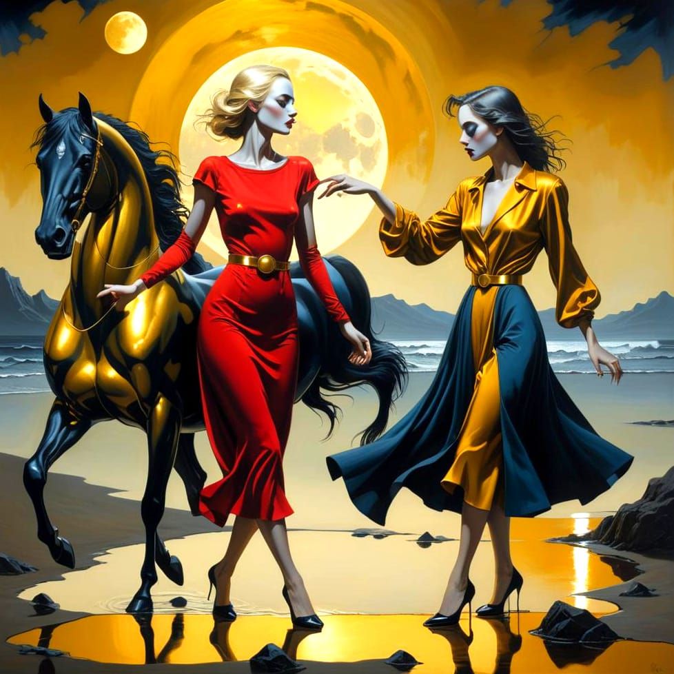 Golden Moon Midnight Rendezvous in Surrealist Style