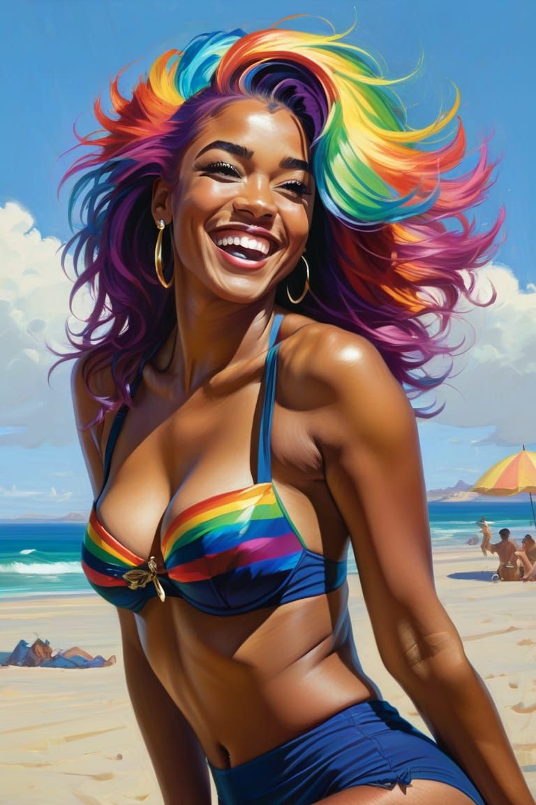 Rainbow Haired Beach Beauty