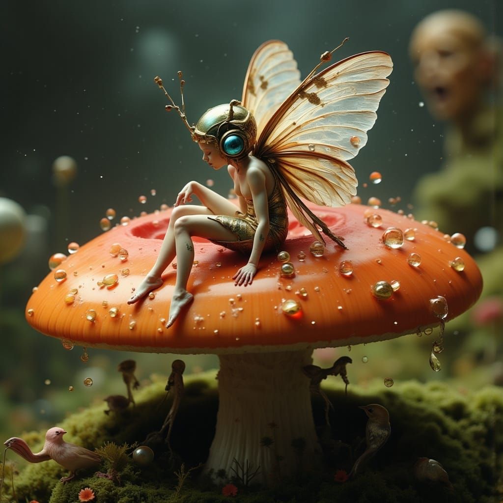 <lora:Ornate:1.0> <lora:Bird Collage:1.0> Macro photography of a tiny fairy sitting on a mushroom. Dew drops reflect the morning light.