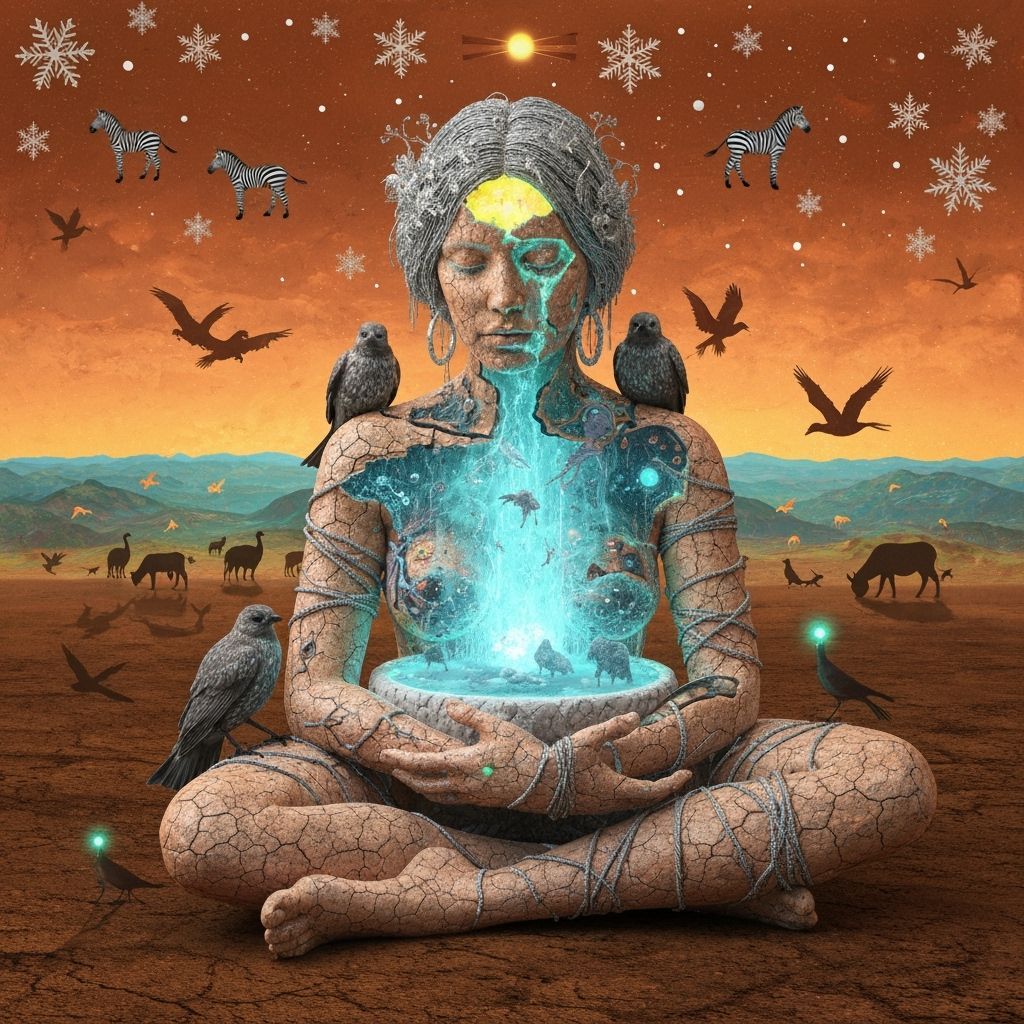  A mystical shaman with skin like parched ice revealing a bioluminescent frozen oasis within, amidst a labyrinth of music. She carries birds...