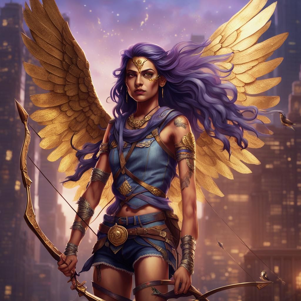 indian woman late 20s, purple hair , golden glass wings with a bird as her pet. she is a fighter who keeps bow and arrow , is an archer. wea...