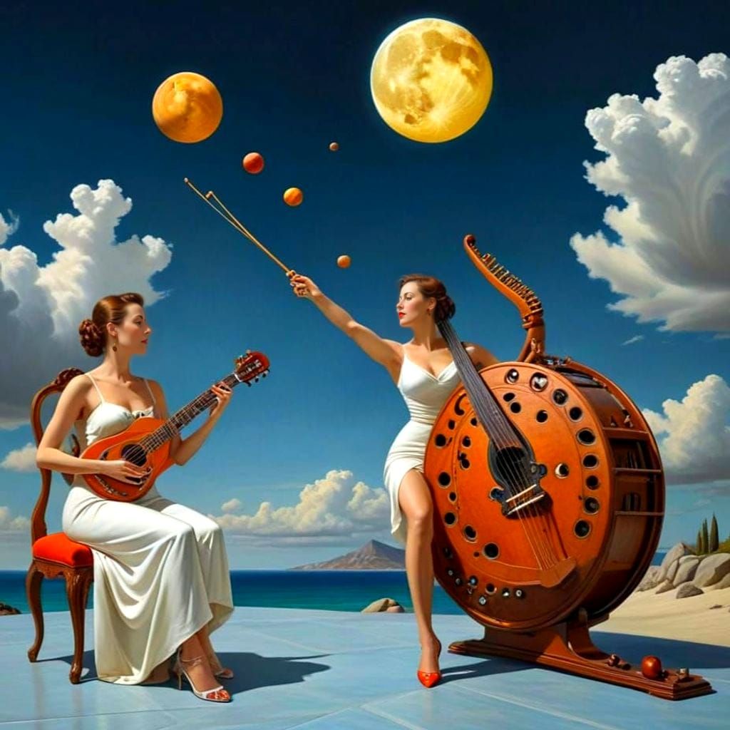 Happy Woman with Musical Instrument in Surreal Landscape