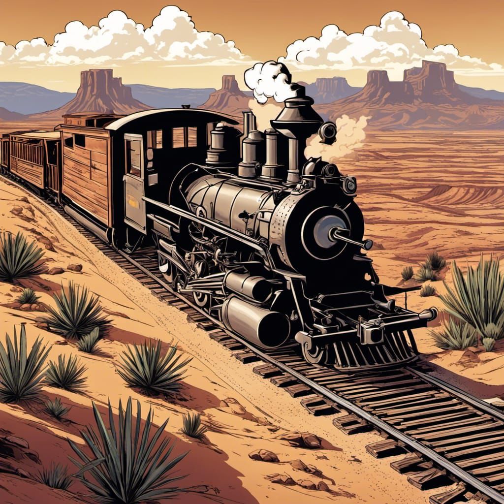A cowboy on the top of a running great steam locomotive wagons. Cartoonish. Comic. Arizona desert In the background 