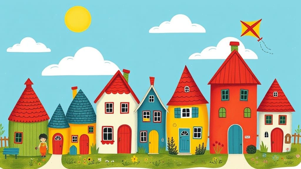 Whimsical Houses Under Sunny Sky in Artful Style