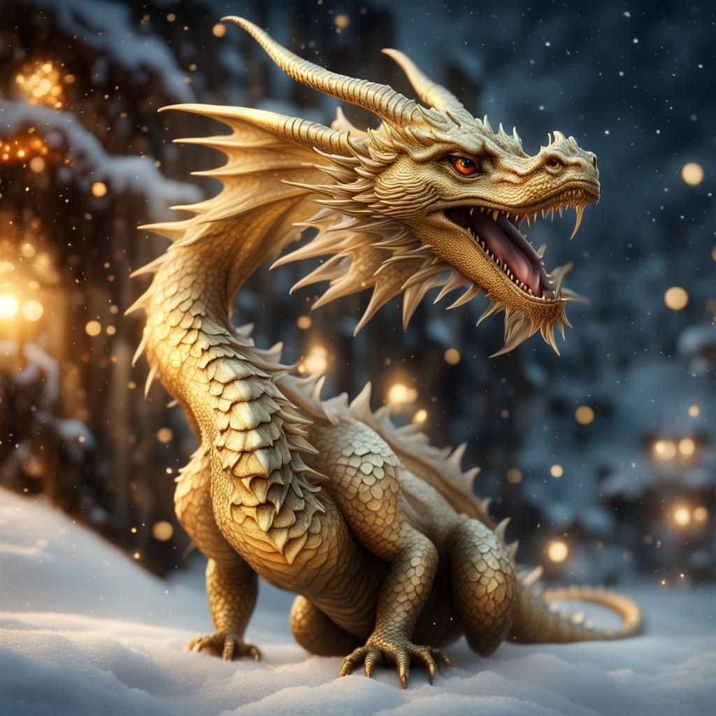 Small gold dragon wearing a Christmas hat