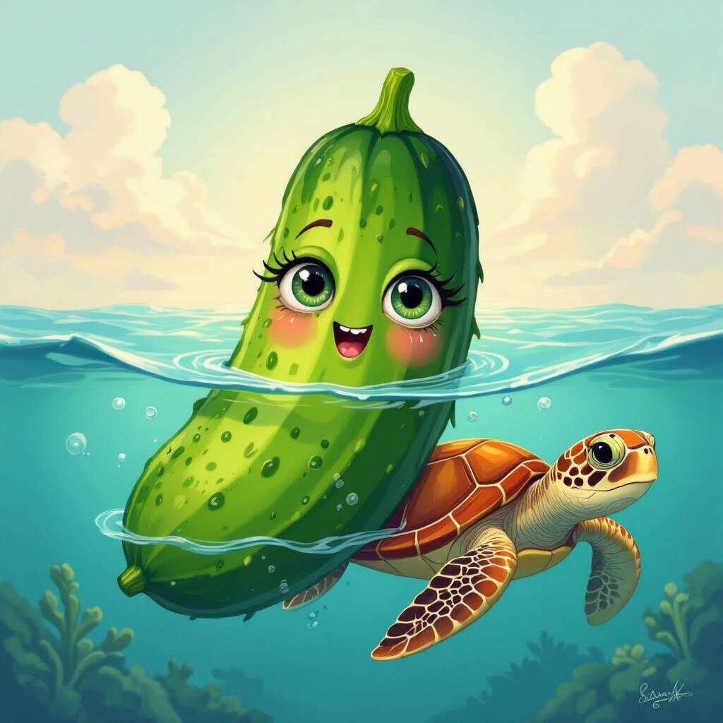 Cucumber Swims with Turtle in Whimsical Style