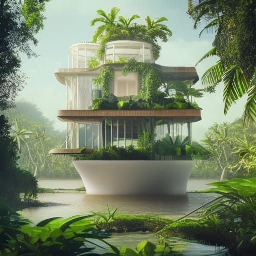 An overgrown solarpunk mansion in a tropical mangrove forest  by @Jonathan Terry