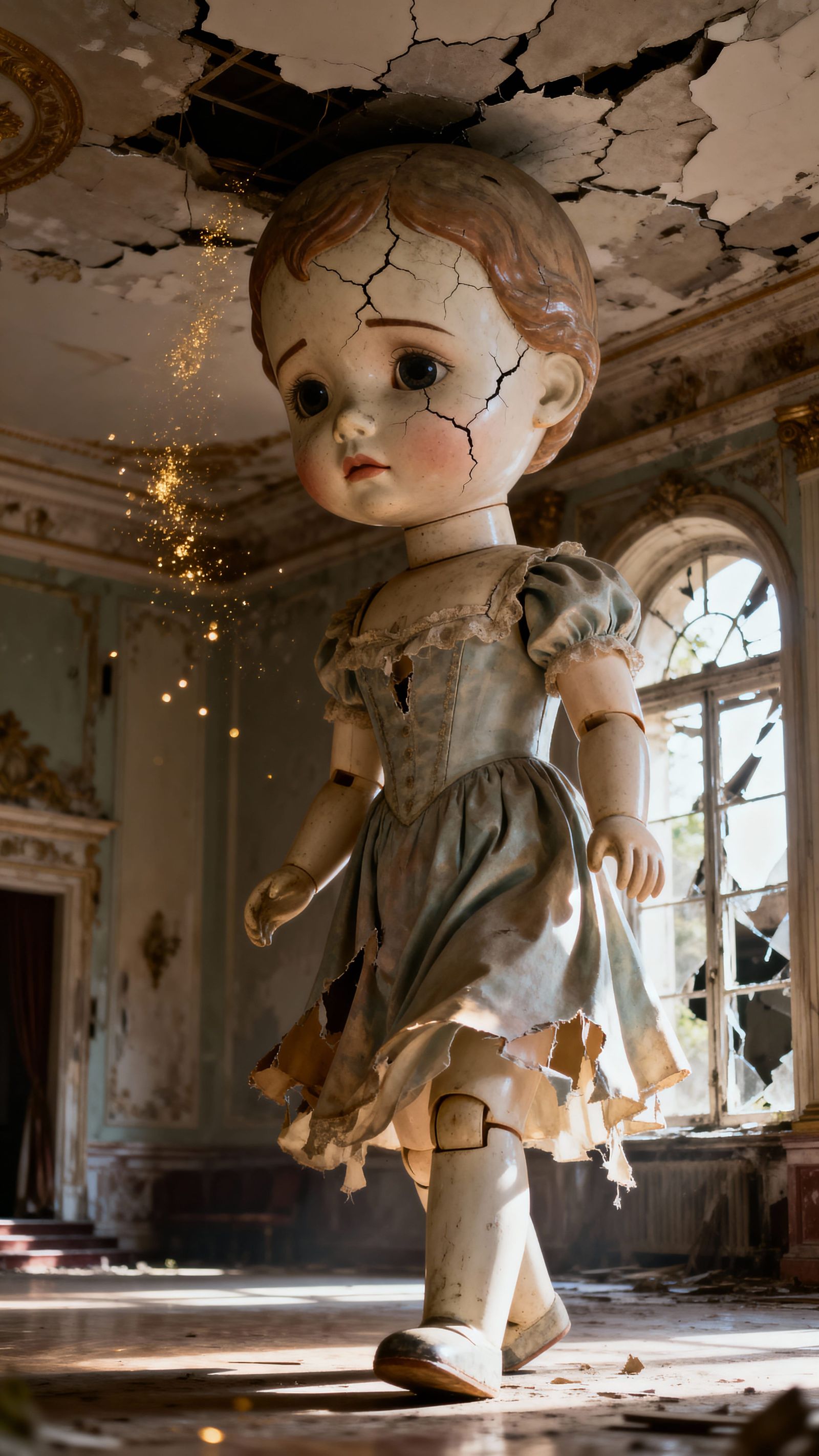 A gigantic porcelain doll wanders through a decayed ballroom, a forgotten lost place. The room is too ...  by @Mici Myers