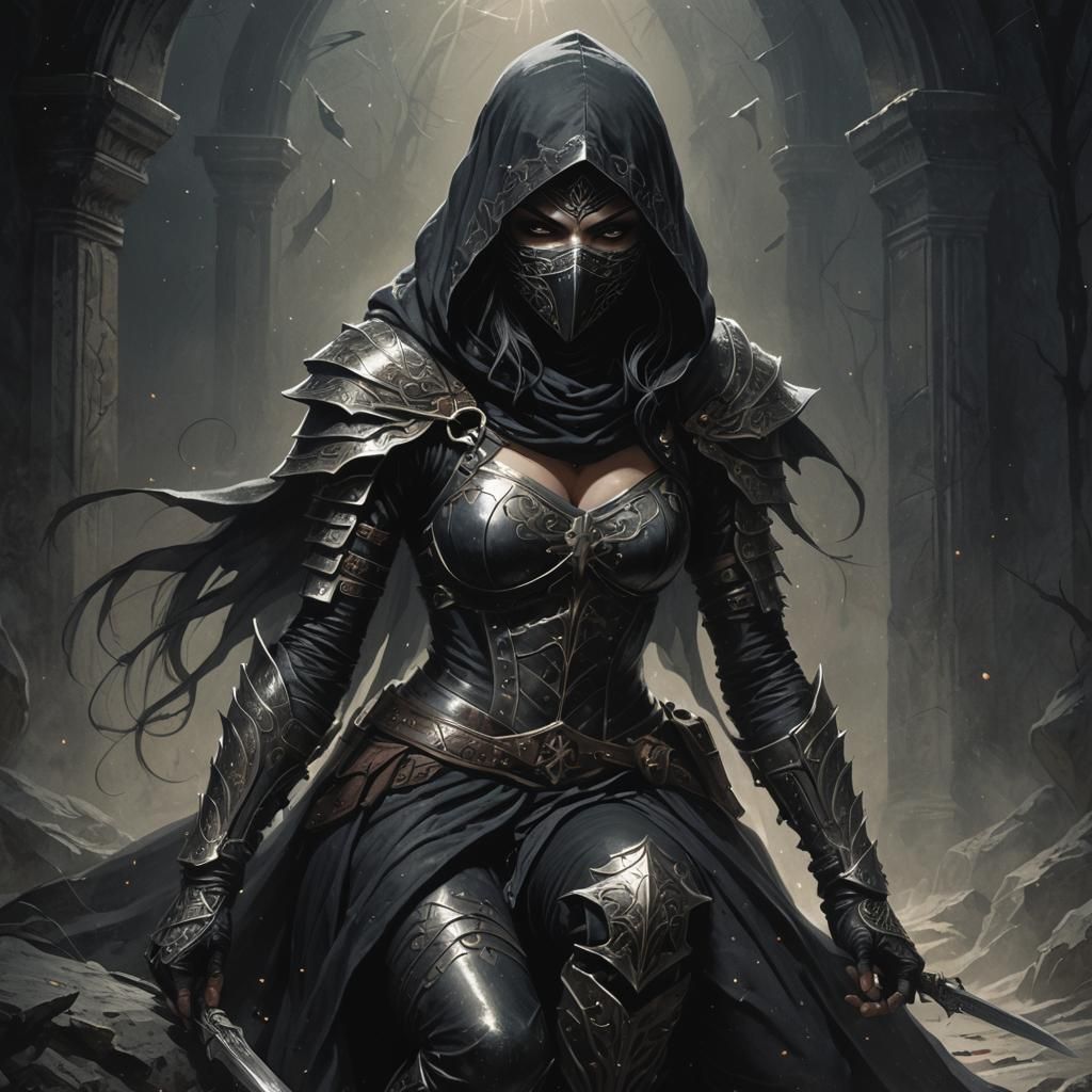 Dark fantasy concept art. Close-up. A malevolent midnight-black silver scaled sharp spiked Magical Scorpio Arachnid emerges from dark swirli...