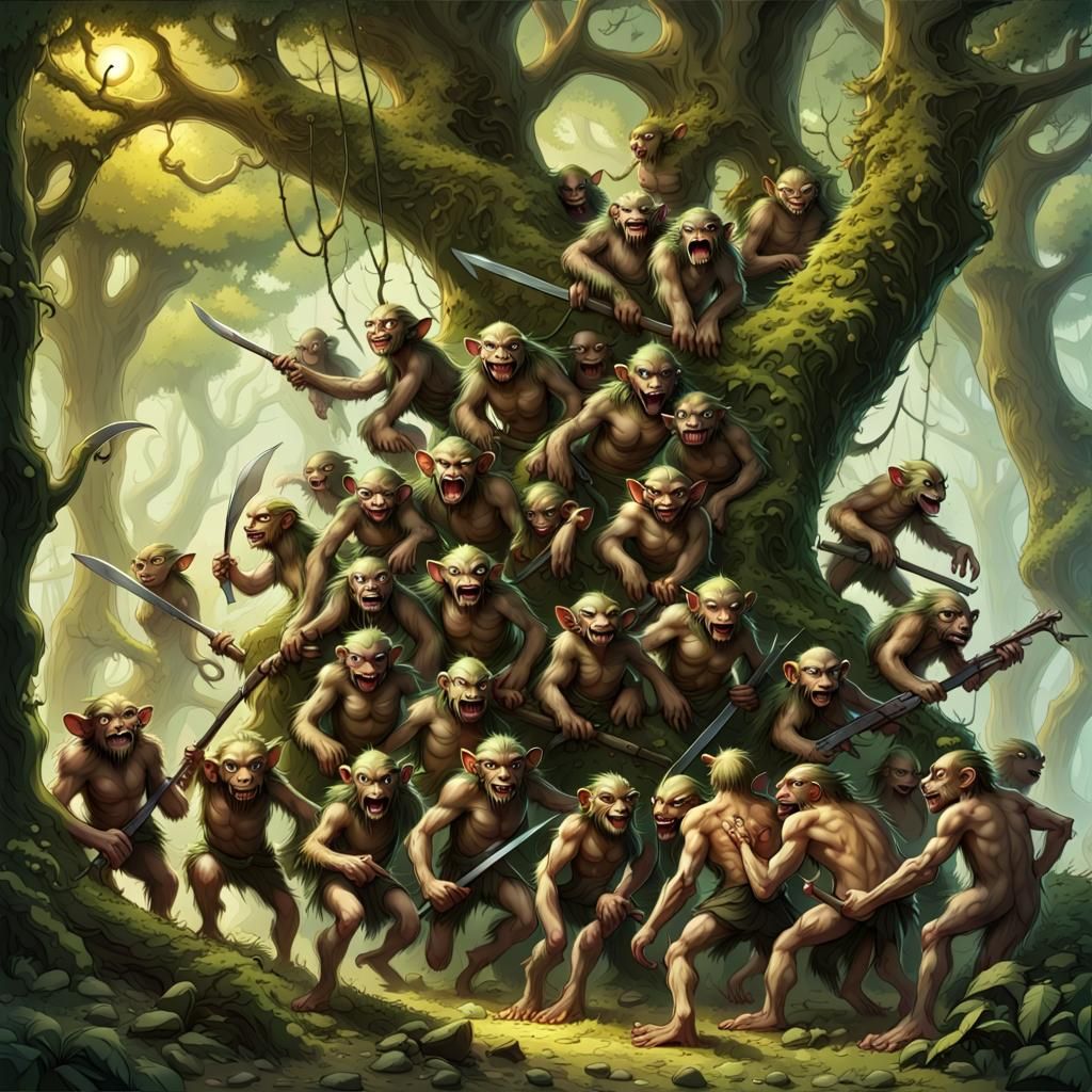 Armed goblins swarming a canopy if trees

Menacing, monkey-l...