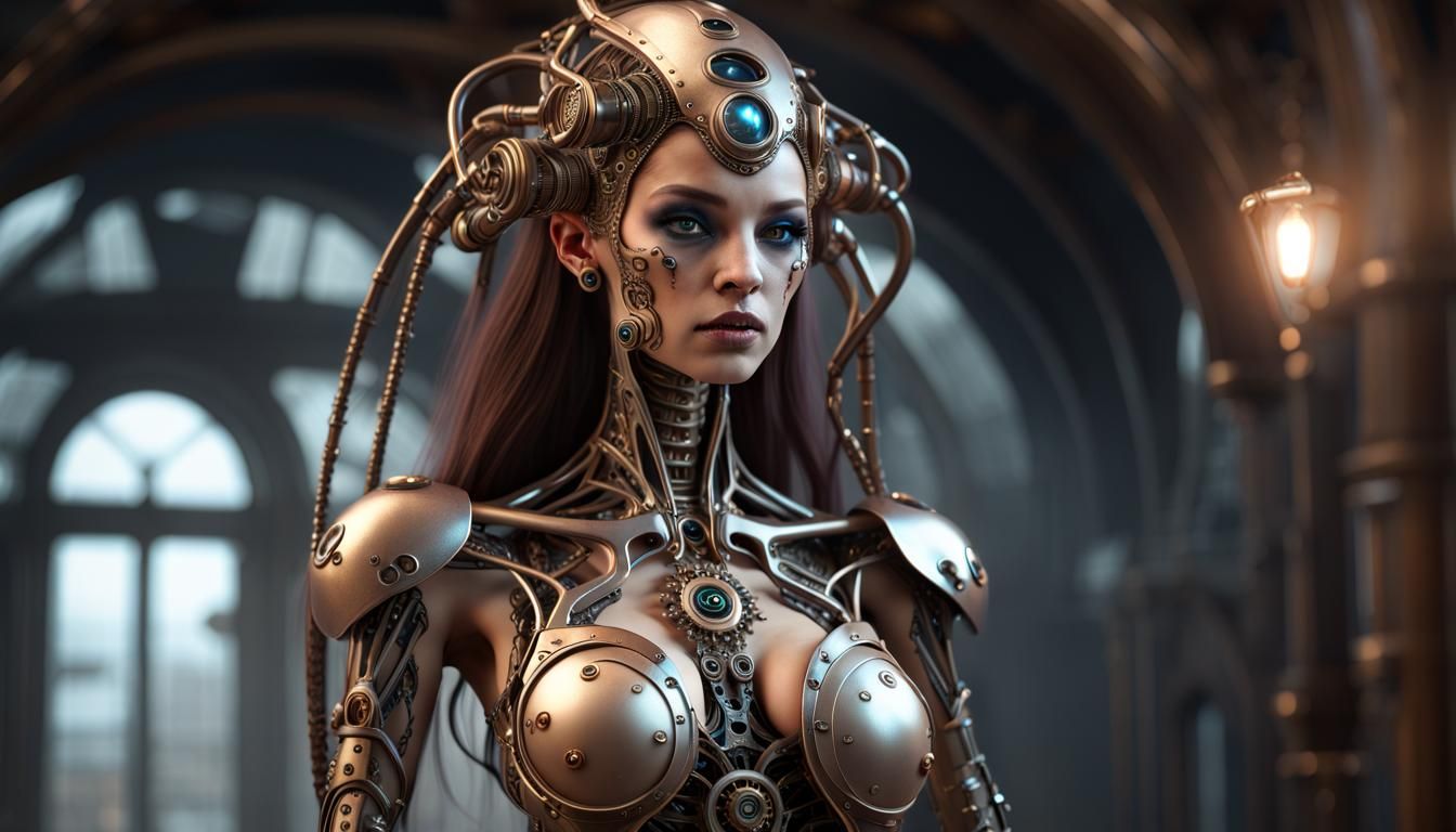 3D ultrra hyper photo realistic final render of an absolutely gorgeous female translucent steampunk full body alien prin...