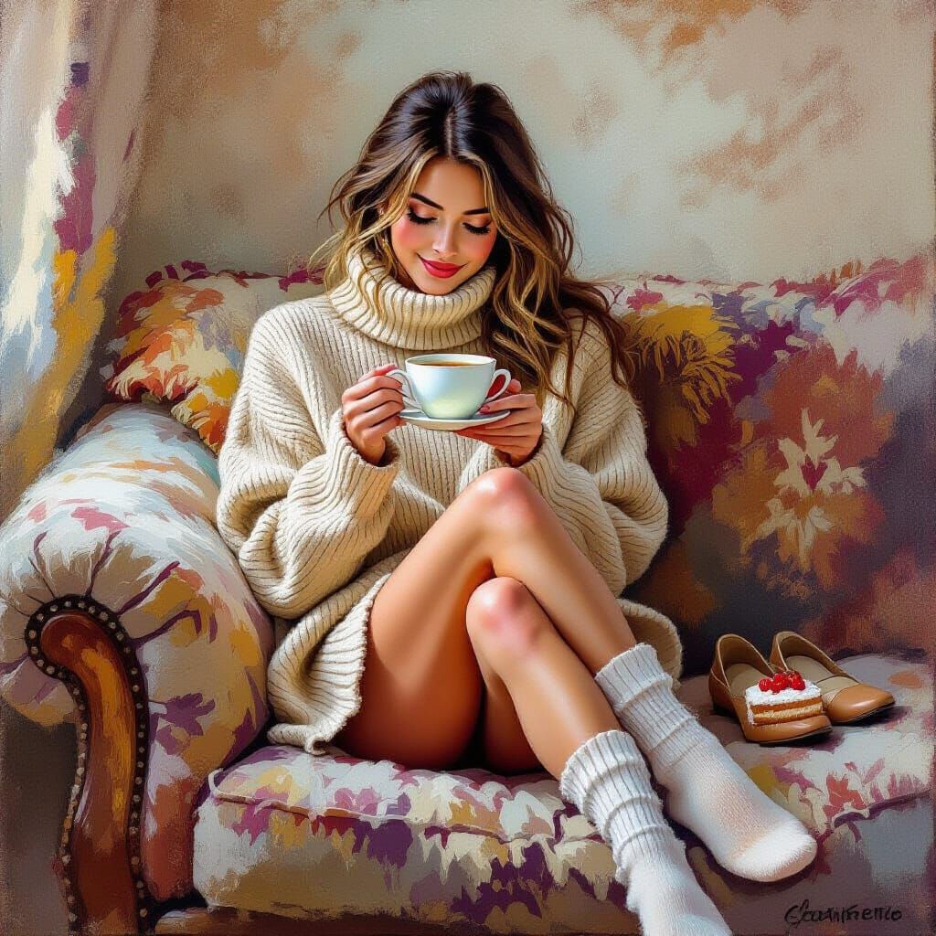 In a cozy corner a beautiful woman sits on a sofa enjoying a cup of tea and a piece of cake. She is barefoot, her shoes can be seen on the f...