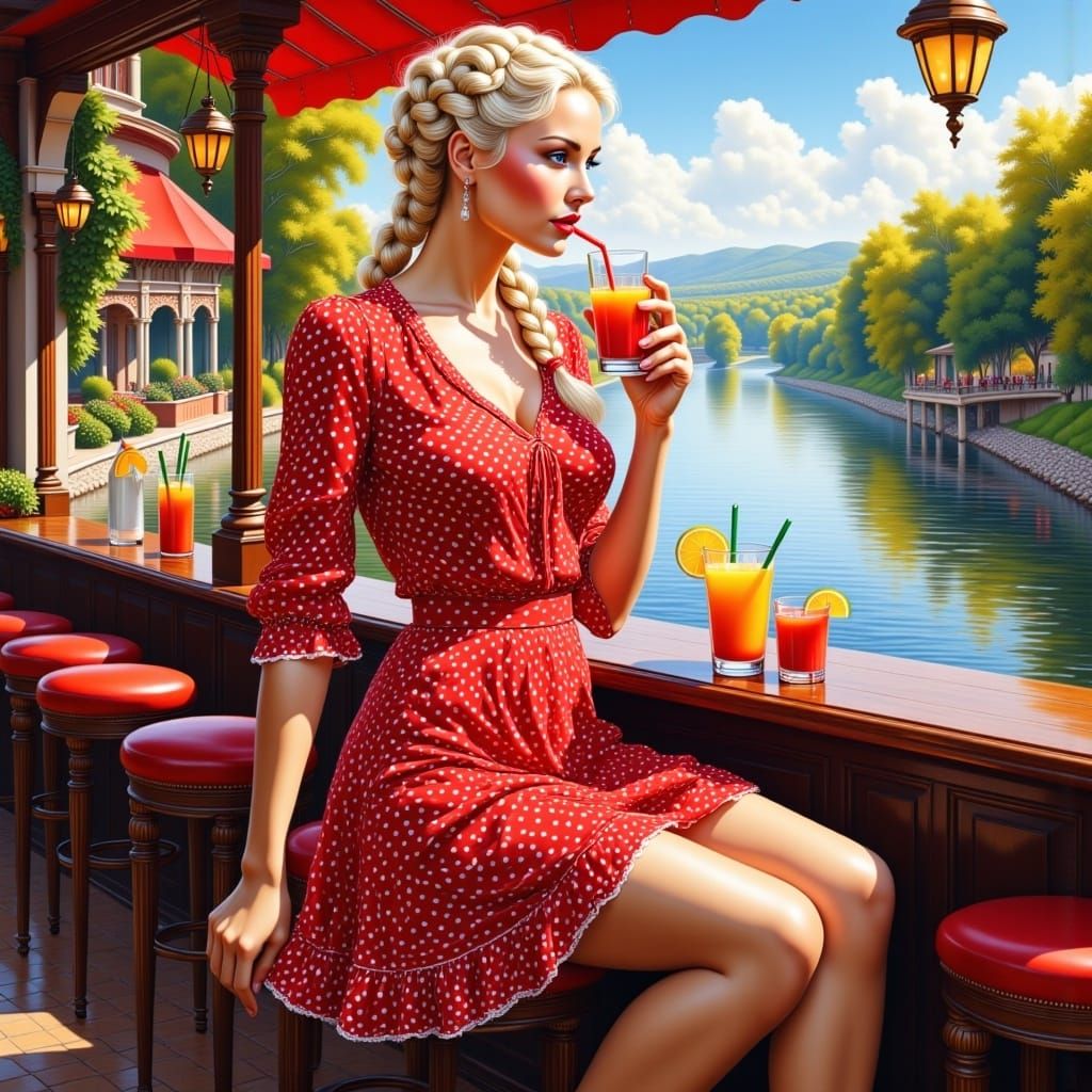 <lora:CuteBeautiesFlux:1.0> stunning woman, short red boho style dress with white dots, ruffles, blonde braided hair and drinking a juice in...