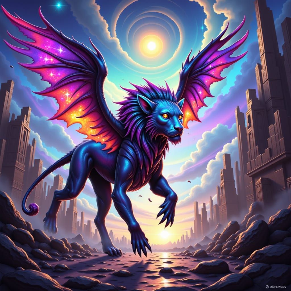 Mythological illustration. A powerful alien creature, resembling a winged lion with celestial patterns, guarding a portal between ancient ru...